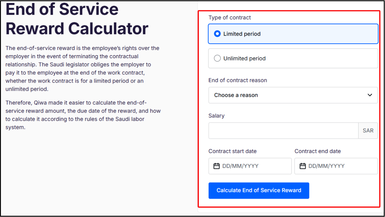 Calculate End of Service Benefit via Qiwa Platform