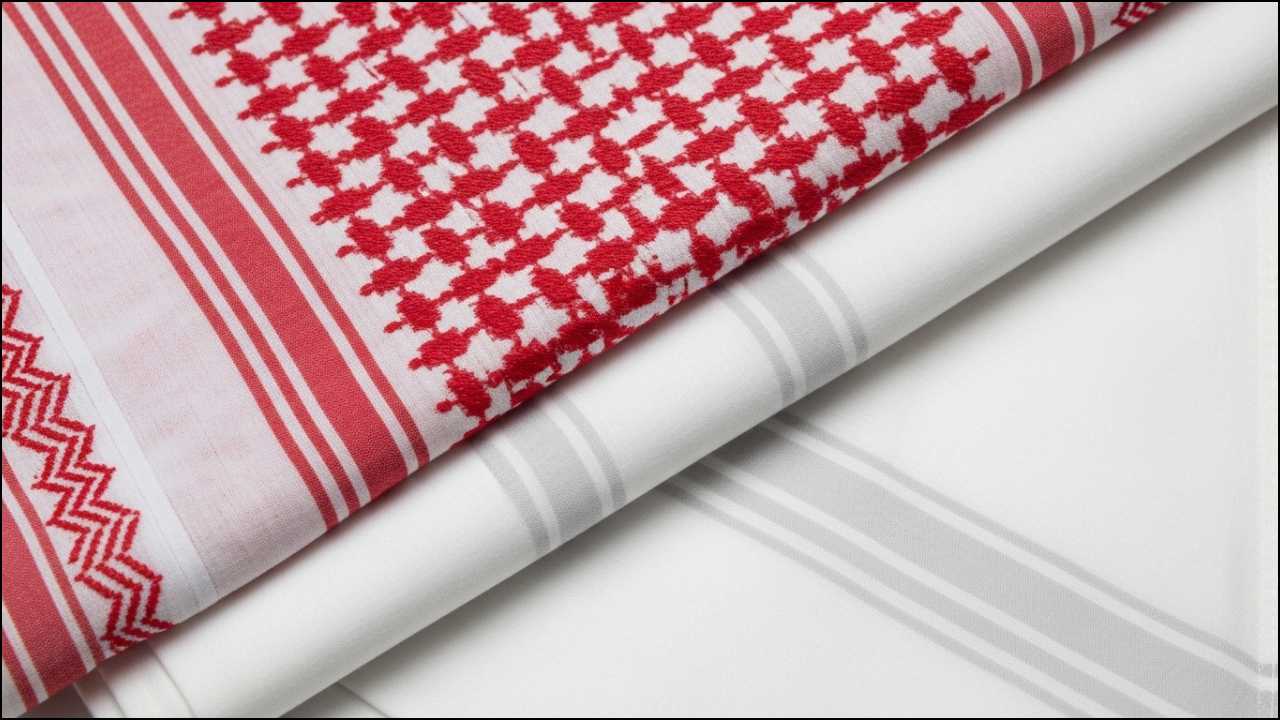 Close-up view of traditional Saudi Shemagh with red geometric patterns on white fabric