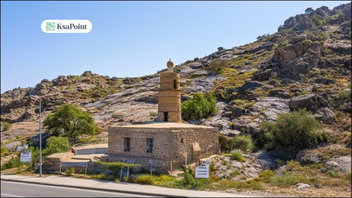 Al-Qantara Mosque twisted spiral minaret at Mount al-Madhoon in Taif showing Abbasid era Islamic architecture with rectangular structure
