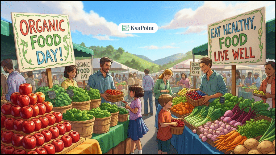 Saudi Organic Food Day celebration with fresh organic vegetables and fruits from Saudi farms