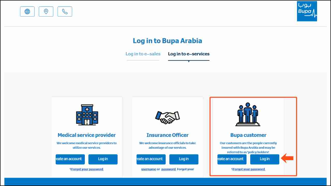 Bupa website login page for insurance inquiry Saudi Arabia