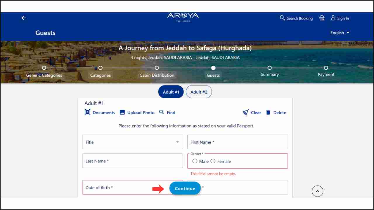Aroya Cruise Ship Booking - Enter Your Personal Information