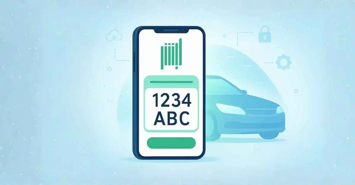 Illustration of digital car plate wallet displayed on mobile phone with Absher app interface