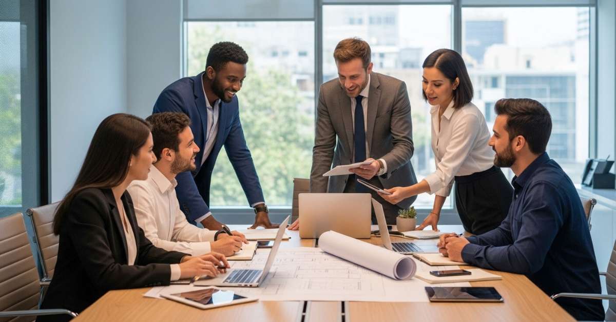 Team of Saudi business professionals discussing employee mobilization strategy in a modern office