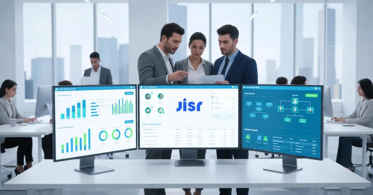 Jisr System: Digital HR management dashboard showing employee data and payroll automation