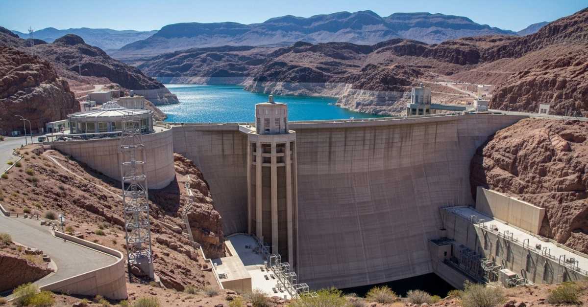 Massive concrete dams with blue water reservoir surrounded by desert landscape and mountains