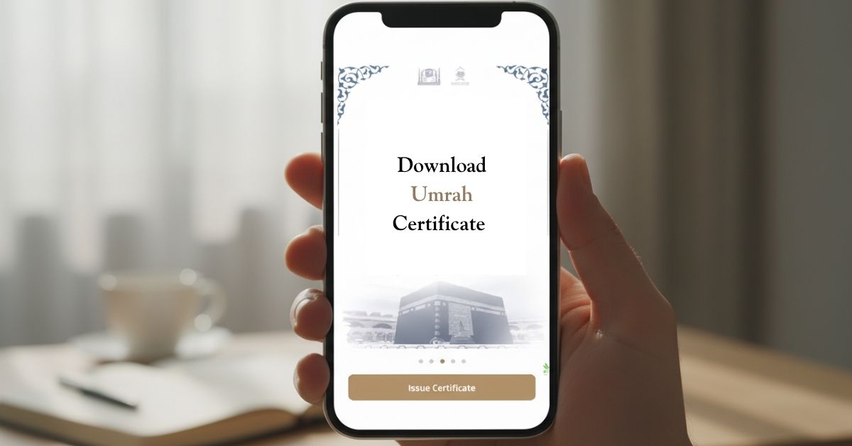 Smartphone showing Nusuk application interface with Umrah certificate download steps and permits section