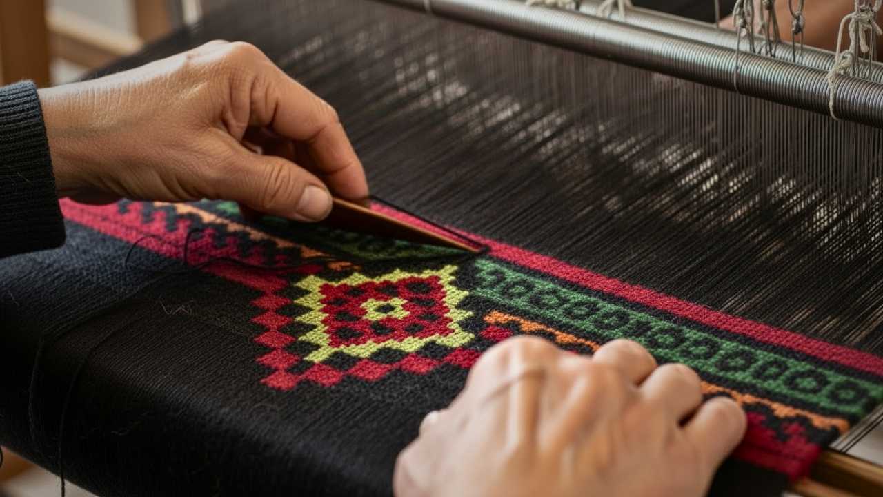 Traditional Al-Sadu weaving with red and green patterns