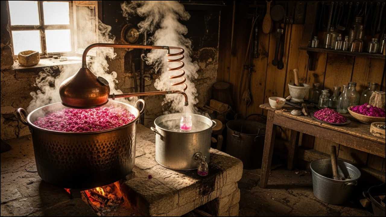 Traditional Taif rose water distillation with fresh rose petals and copper pot