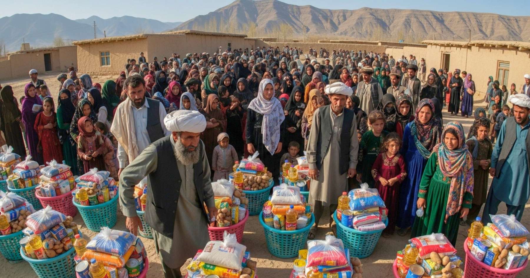 KSrelief team distributing food baskets and date boxes to families in need