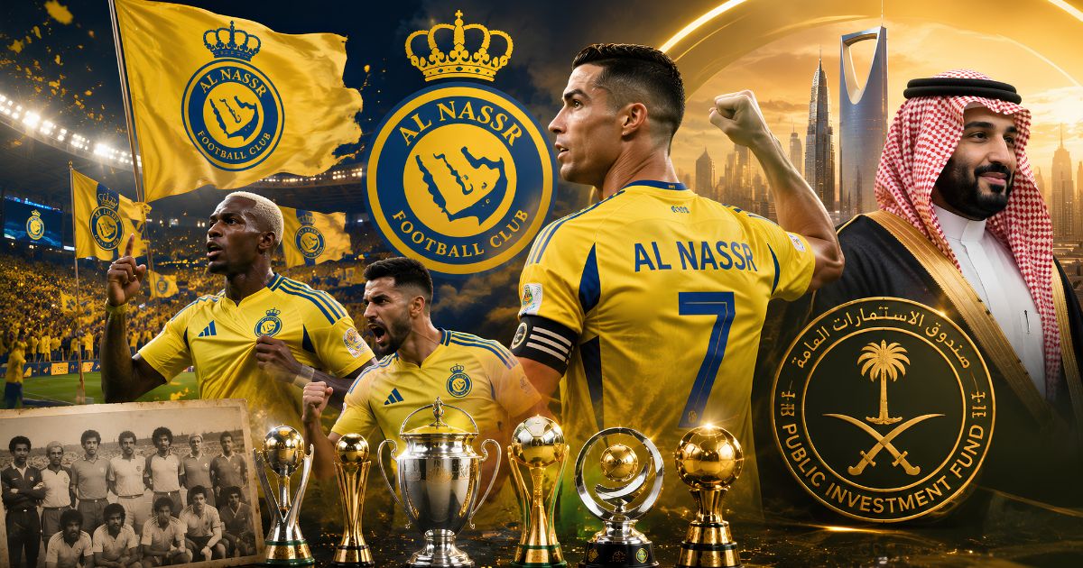 Al Nassr Club stadium scene in the club yellow and blue colors
