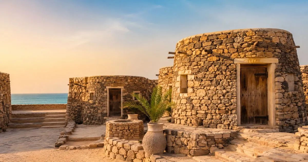 Stone houses shaded by palm trees in a coastal heritage village
