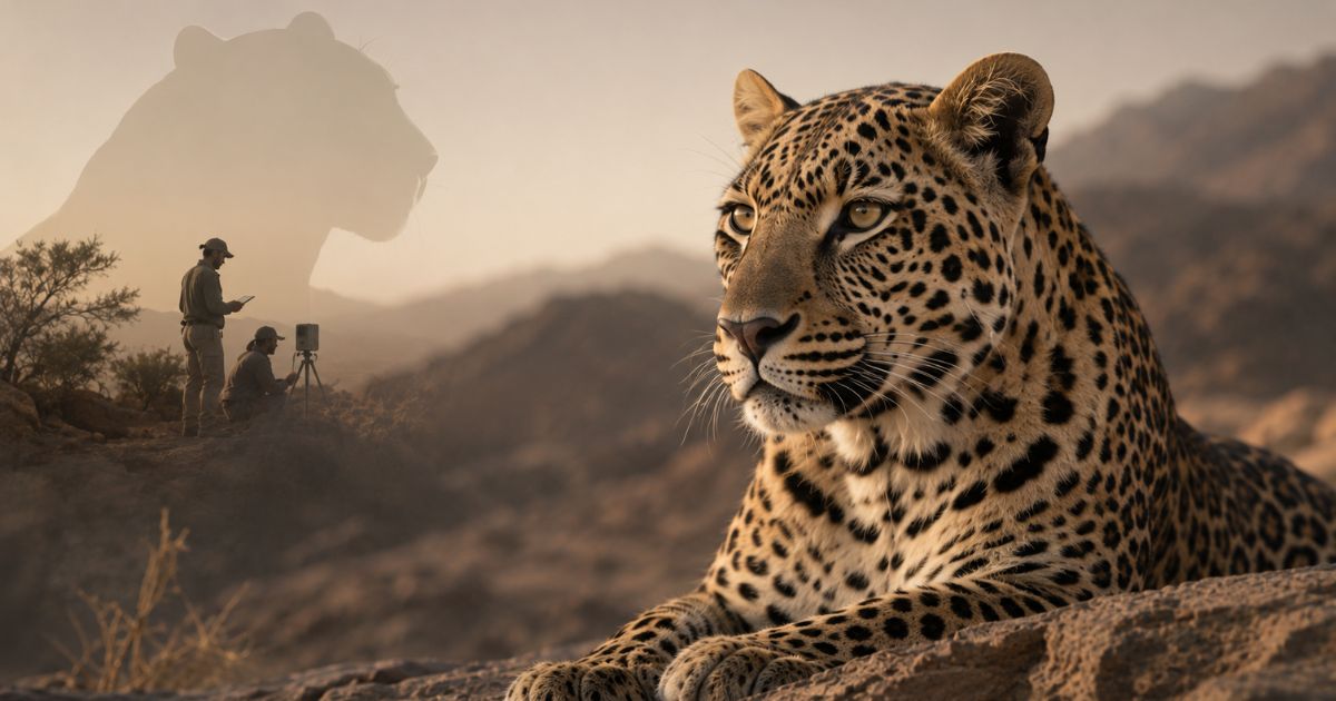 Arabian leopard in its natural desert habitat in Saudi Arabia