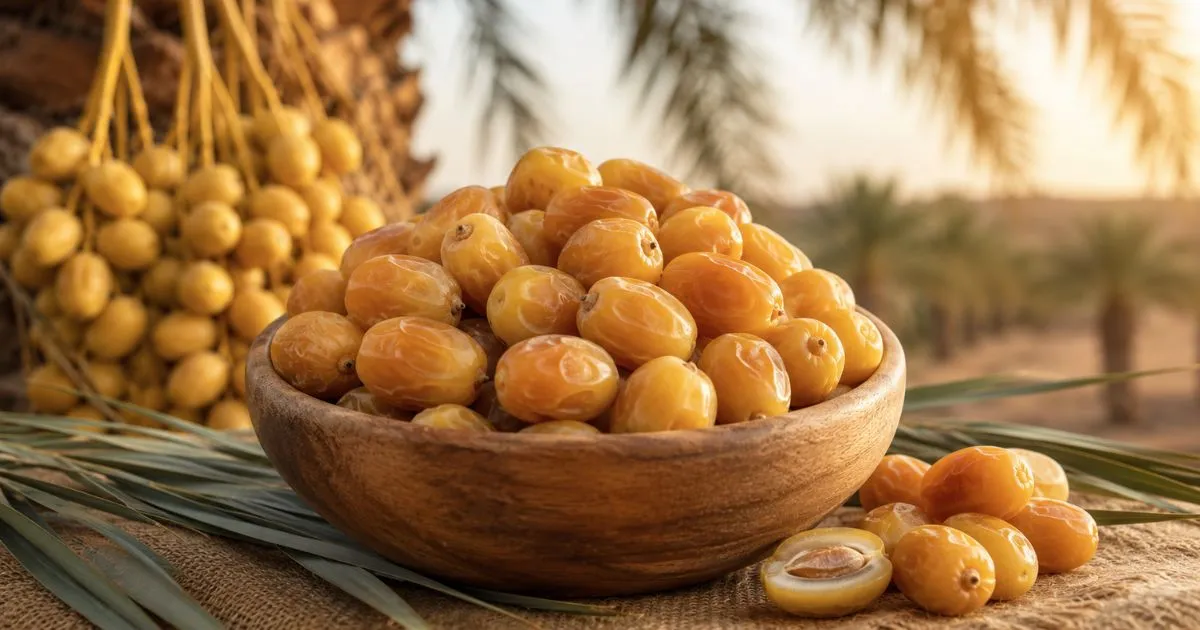 Bunches of yellow Barhi dates on a palm
