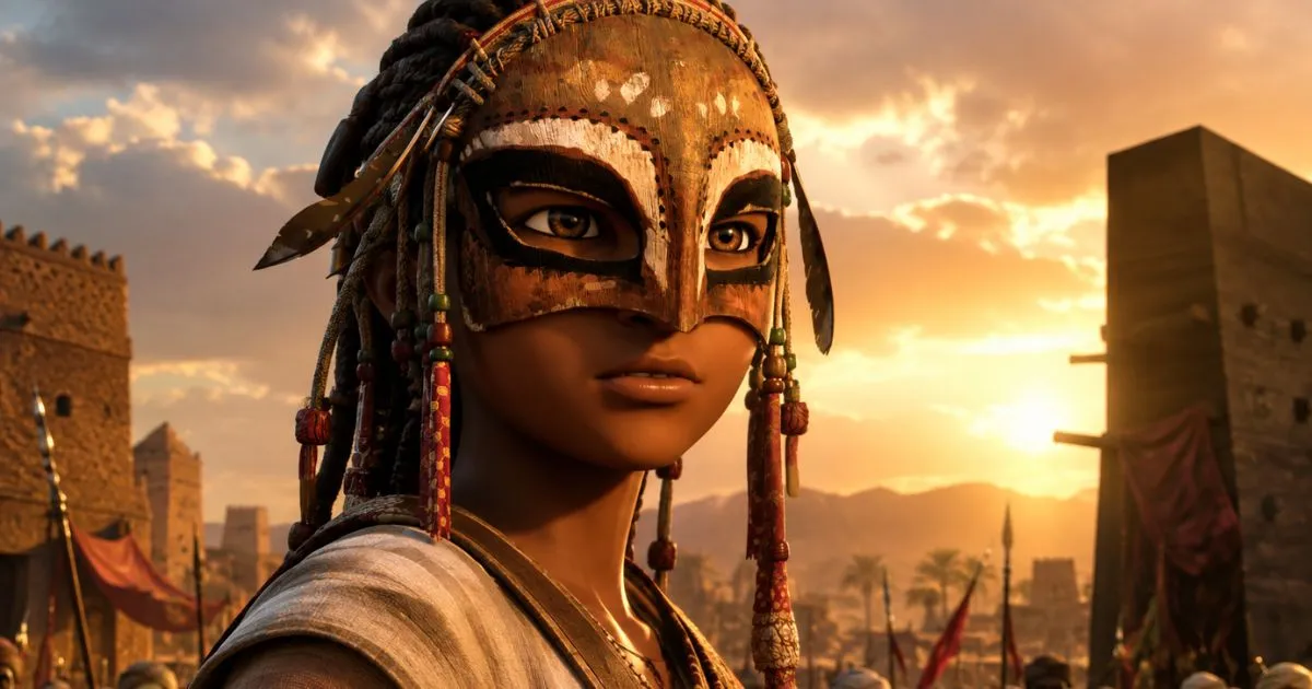 Cinema screen showing a 3D animated historical desert scene