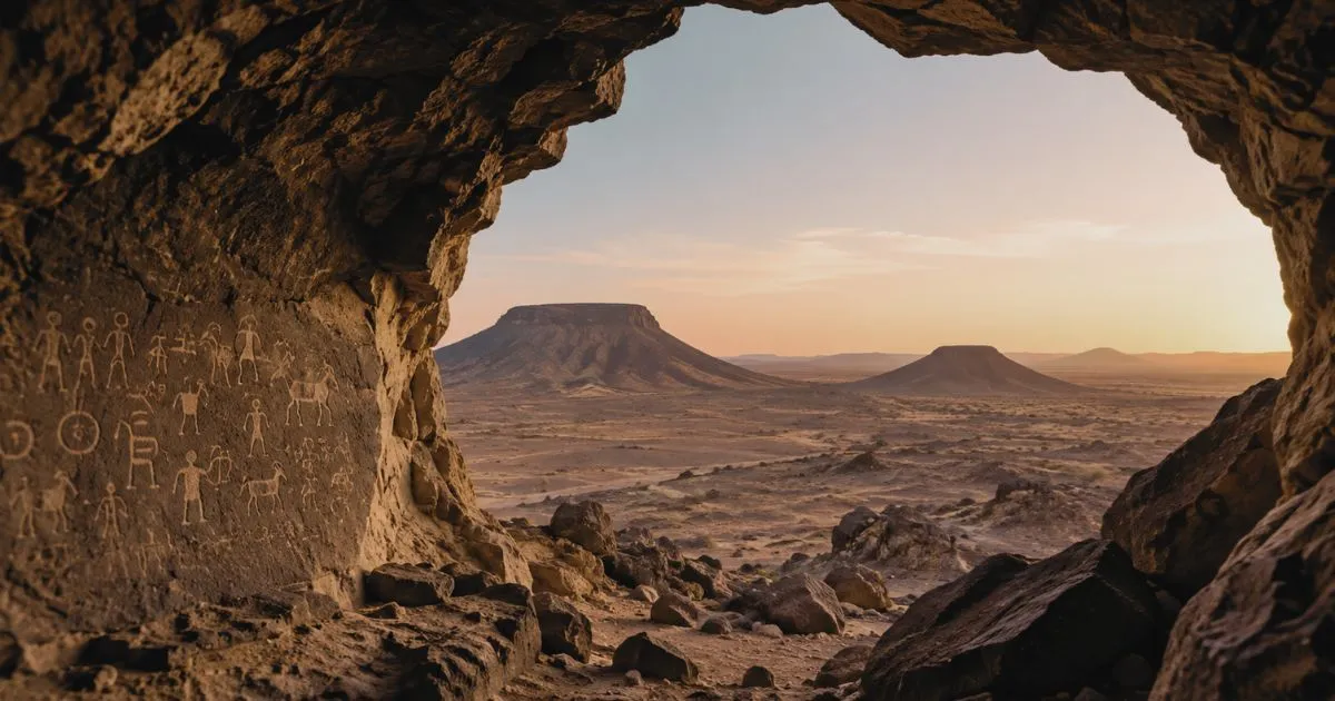 Volcanic rock field with a cave opening in northern Saudi Arabia