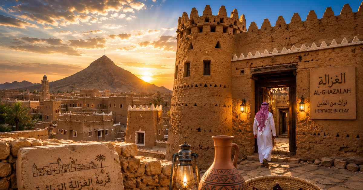 Restored mud houses and palm trees at the Heritage Town in al-Ghazalah