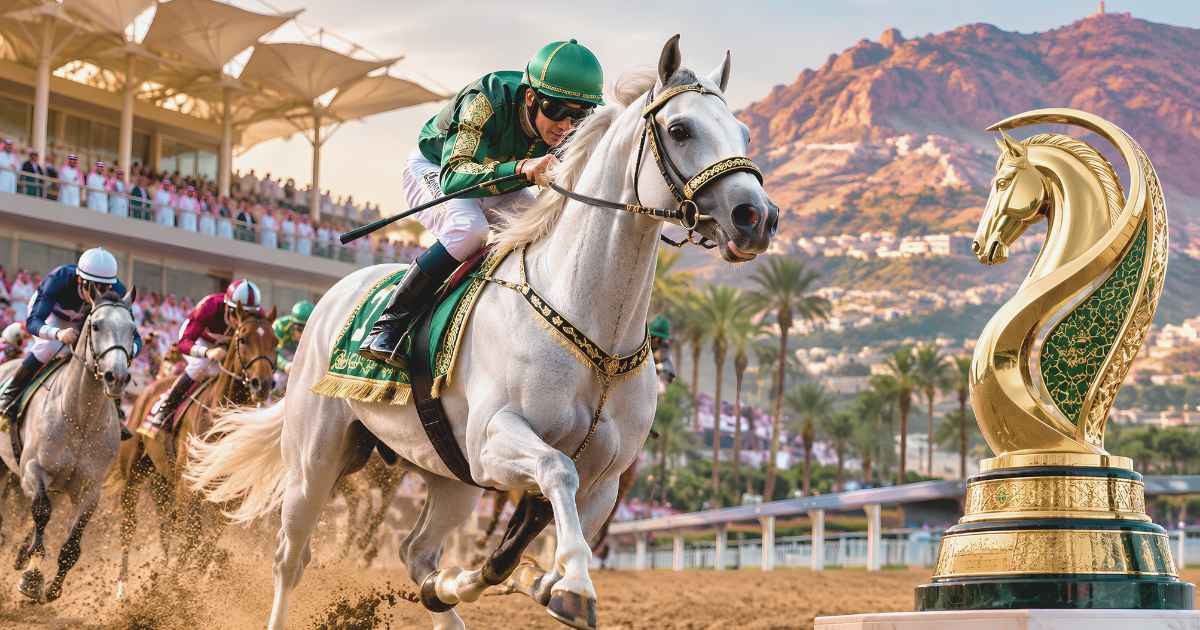 Purebred Arabian horses racing on the sand track in Taif