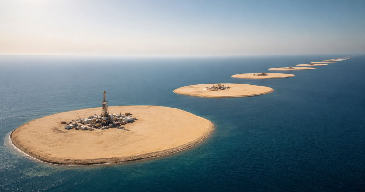 Aerial view of artificial drilling islands linked by a causeway