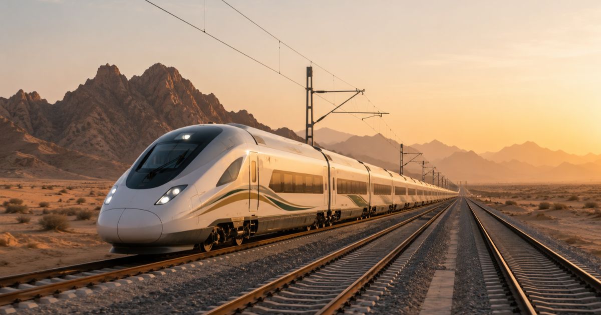 High-speed train at a modern Saudi railway station platform