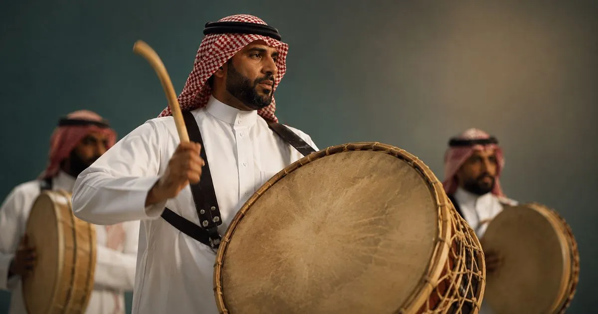 Drummers performing Saudi Ardah rhythms with large and small drums