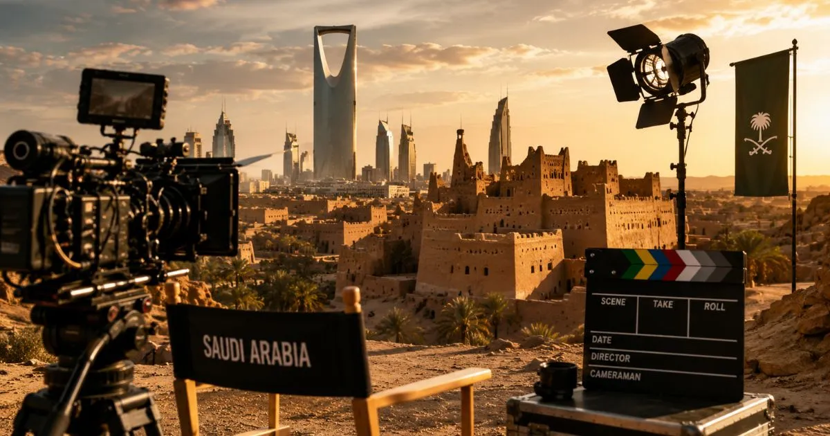 Film crew operating a camera on an outdoor set in Saudi Arabia