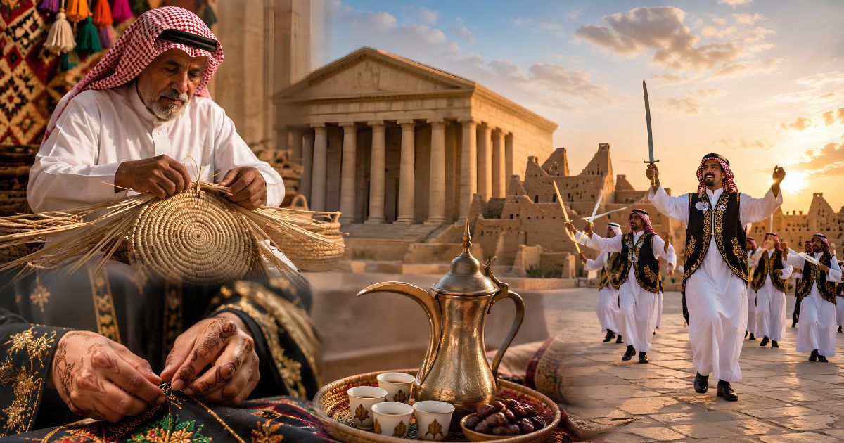 Saudi coffee pot and Al-Sadu weaving representing intangible cultural heritage