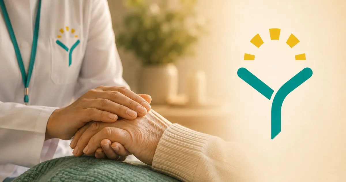 Healthcare worker holding a patient's hand in a calm hospital room