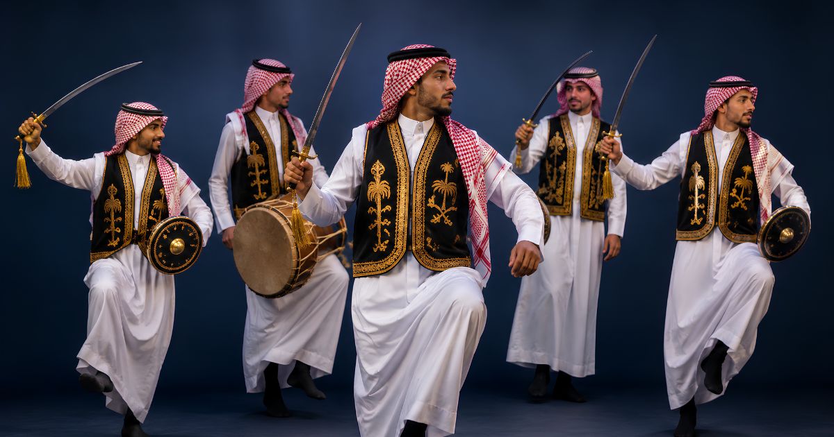 Row of performers in traditional dress