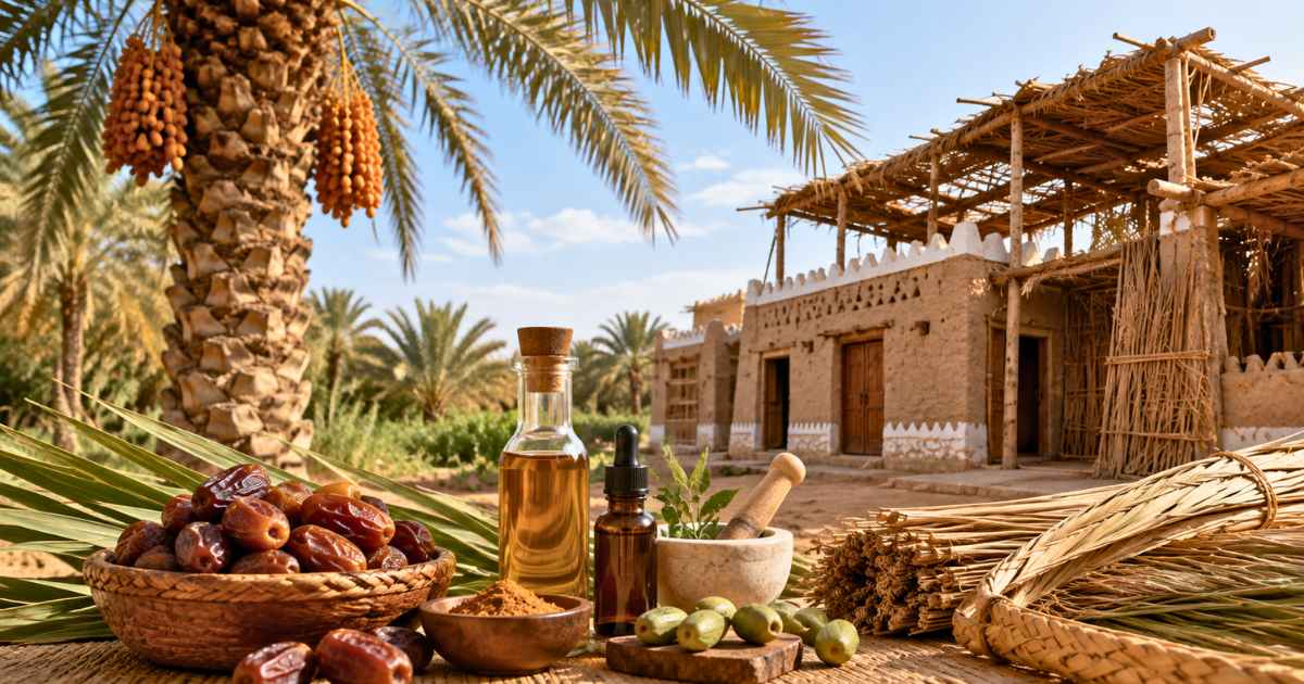 Date palm trees with ripe fruit clusters on a Saudi farm