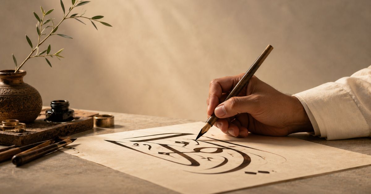 Traditional Arabic calligraphy pen and script from Saudi Arabia's Year of Arabic Calligraphy